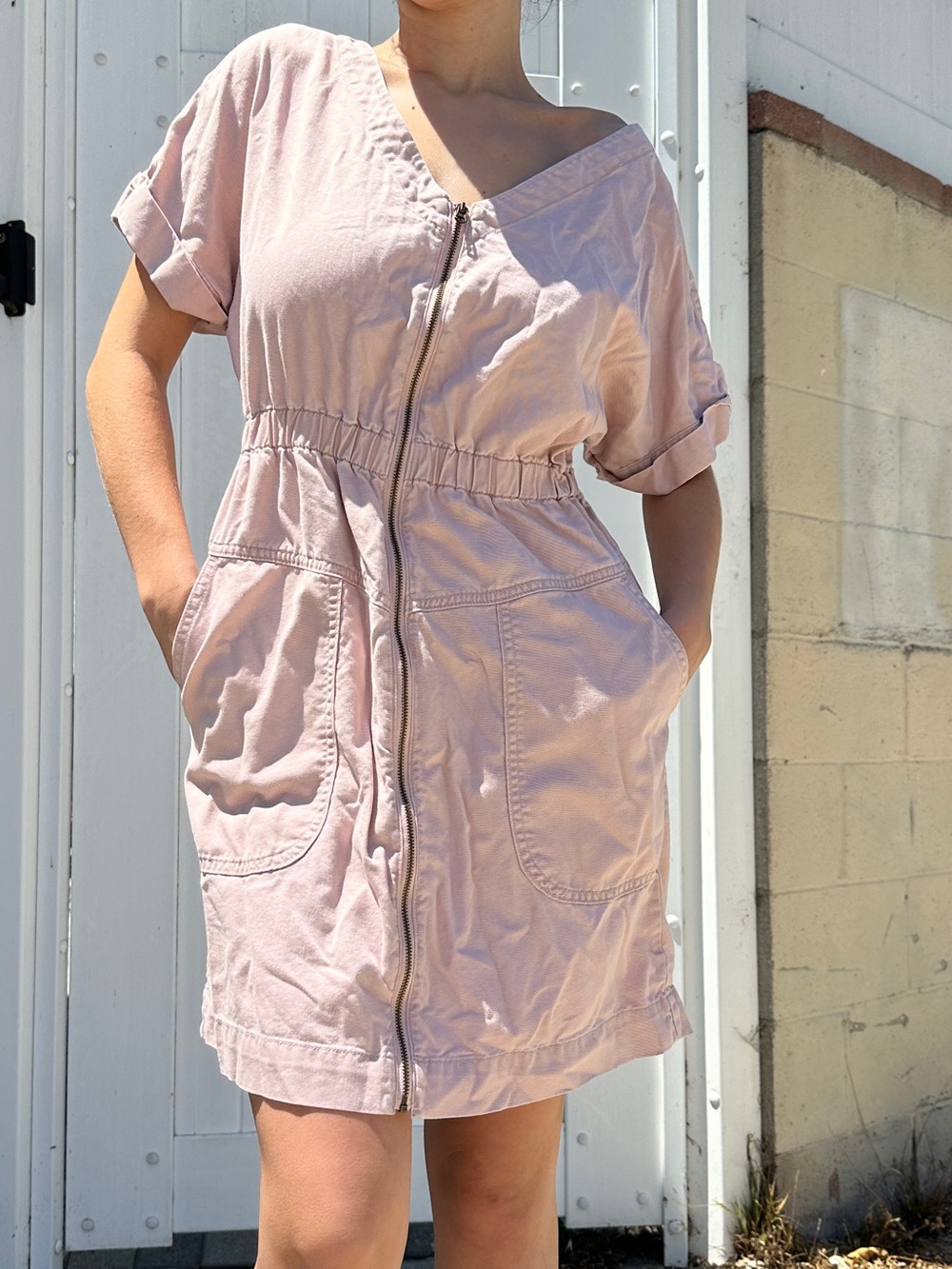 Light Mauve Zip-Front Utility Dress